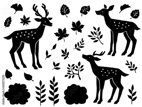 鹿と葉っぱの手描きシルエットイラストセット Wall Mural Nora Hachio