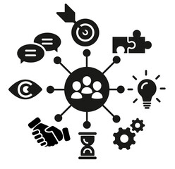 Animation of teamwork icons compositions. Working process.