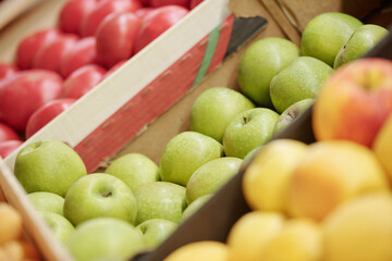 Close-up of fresh fruits and vegetables in boxes selling at organic food market