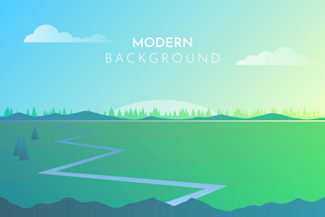 Natural landscape or scenery. Beautiful background with forest trees, mountain, river, sky. Modern vector illustration.