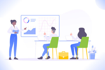 Business training concept. Young office people looking at presentation, learning and improving professional marketing skills, business meeting concept, vector illustration