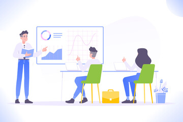 Business training concept. Young office people looking at presentation, learning and improving professional marketing skills, business meeting concept, vector illustration