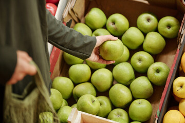 Close-up of unrecognizable customer standing at counter and choosing green apples in box
