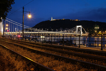 A view of Liberty Bridge, Danube River, Gillert Hill, across railway lines