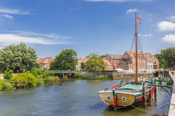 Historic wooden ship in the harbor of Ribe, Denmark