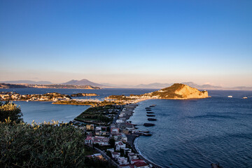 The panorama of the beach of miseno, of the mountain of miseno with the lake of Bacoli behind it.