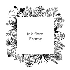 Hand drawn ink floral frame. Black and white borders