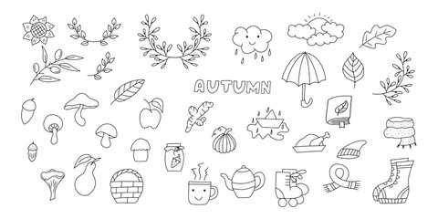 Doodle autumn set icon isolated on white. Hand drawing line art. Sketch mushroom, olive, umbrella, pumpkin etc. Vector stock illustration. EPS 10