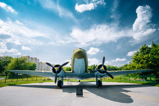 Lisunov Li-2 of Soviet Air Force standing near building Belorussian Museum Of the Great Patriotic War In Minsk, Belarus