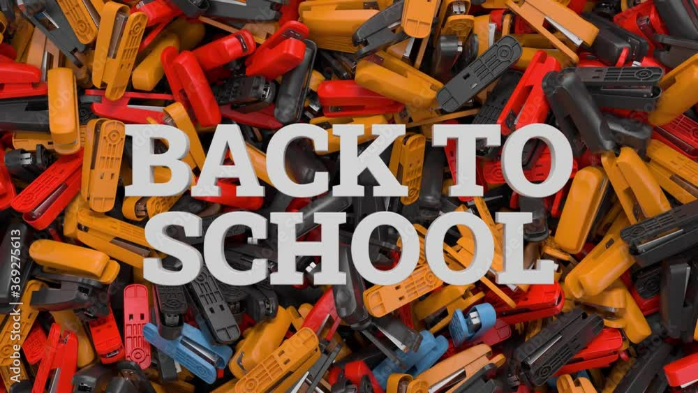 Poster background made of a lot of staplers. school theme 3d render. chancery objects. back to school title