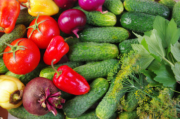Cucumbers, tomatoes, onions, beetroot and peppers. Close-up.