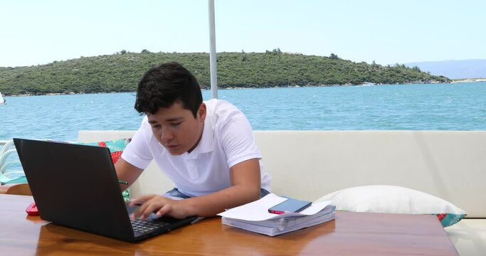 Distance education concept from boat during a coronavirus pandemic