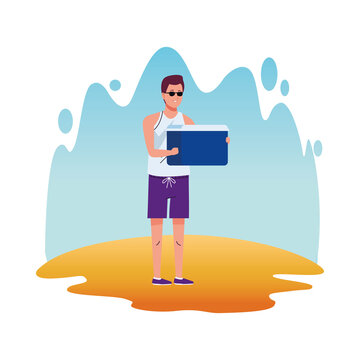 Man Wearing Beach Suit With Fridge Box Character