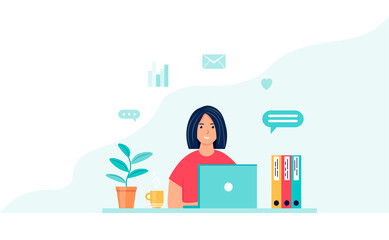 Fototapeta na wymiar Female character works with a laptop. Young woman in the workplace. Online marketing specialist. Freelance or distance learning. Communication online. Cute vector illustration in flat style.