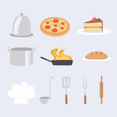 food kitchen pizza bread cake utensils and chef hat icons