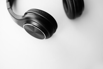 Wireless Black Headphones Isolated Background. Side View of Acoustic Stereo Sound System