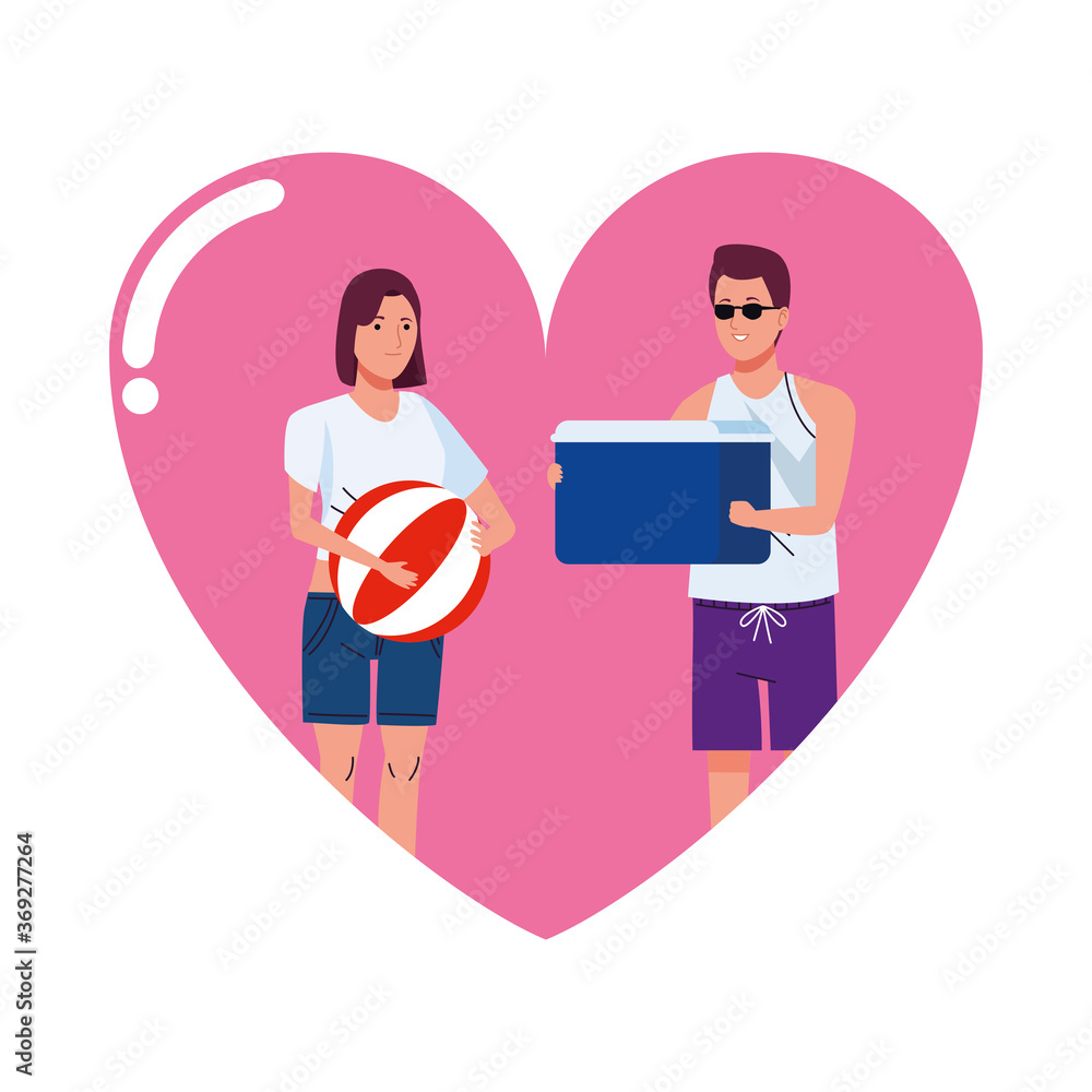 Sticker young couple wearing beach suits with beach balloon and fridge in heart