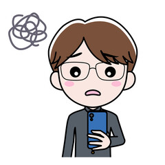 スマホを見て困っている男子学生