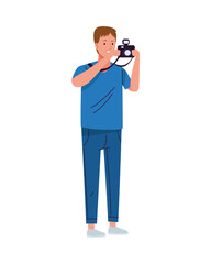 young tourist man using camera photographic character