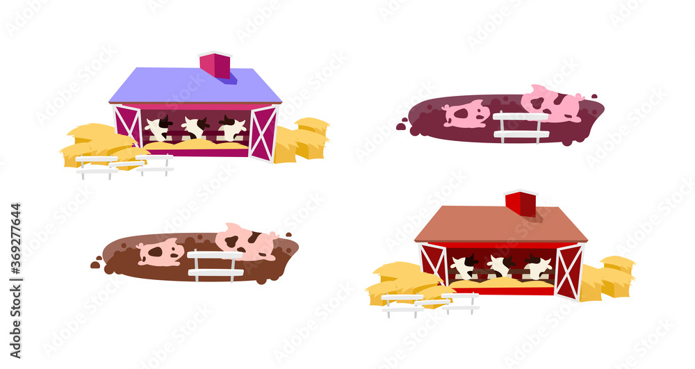 Poster cowsheds flat color vector objects set