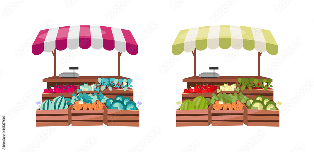 Poster organic food counter flat color vector objects set