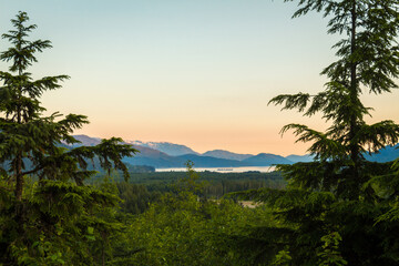 Fototapeta na wymiar A view of the Douglas Channel at Kitimat from Coghlin Park at sunset