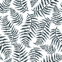 fern branch, indigo blue watercolor hand drawing, seamless pattern, illustration