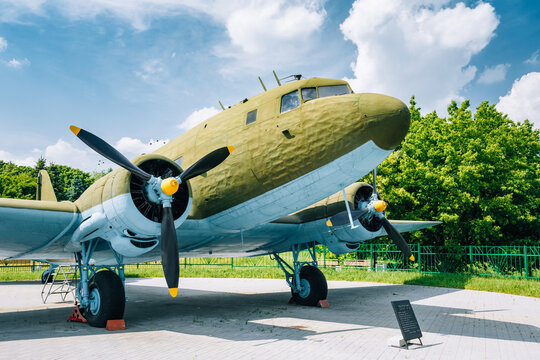 Lisunov Li-2 of Soviet Air Force standing near building Belorussian Museum Of the Great Patriotic War In Minsk, Belarus