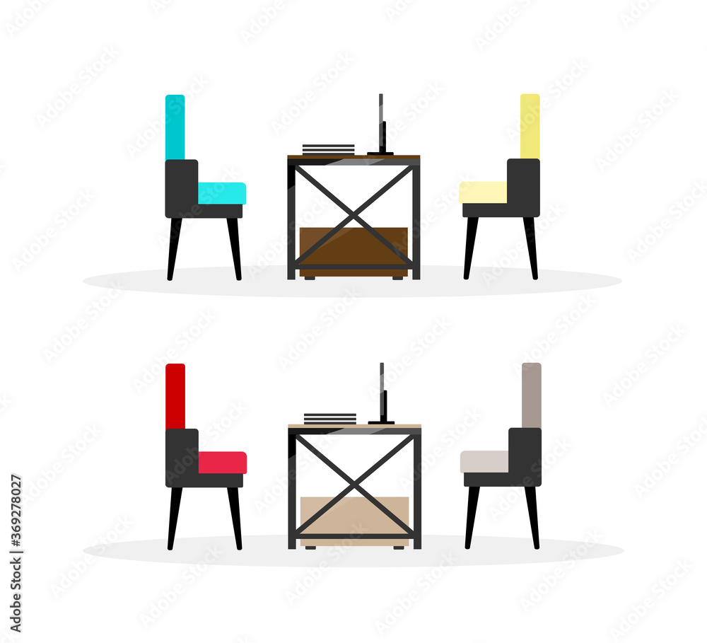 Poster Computer table with chairs flat color vector objects set