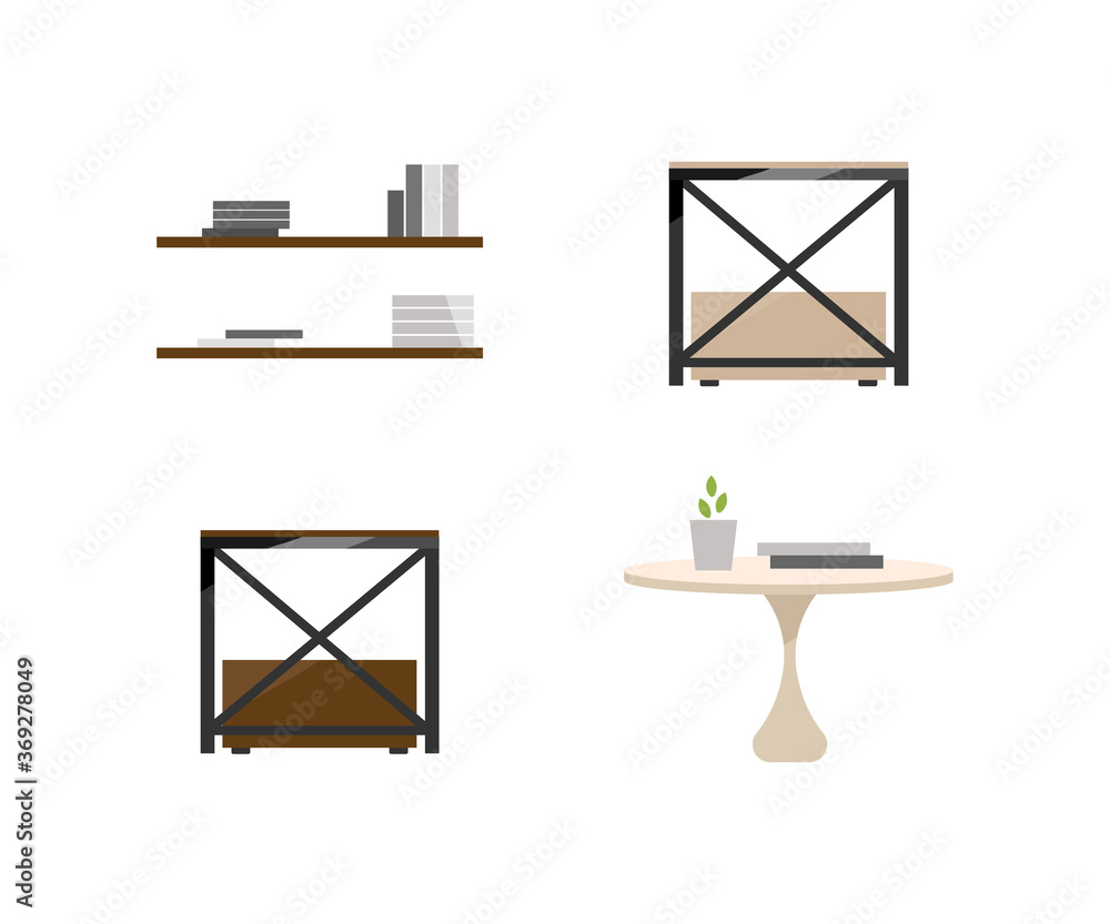 Poster tables and shelves flat color vector objects set
