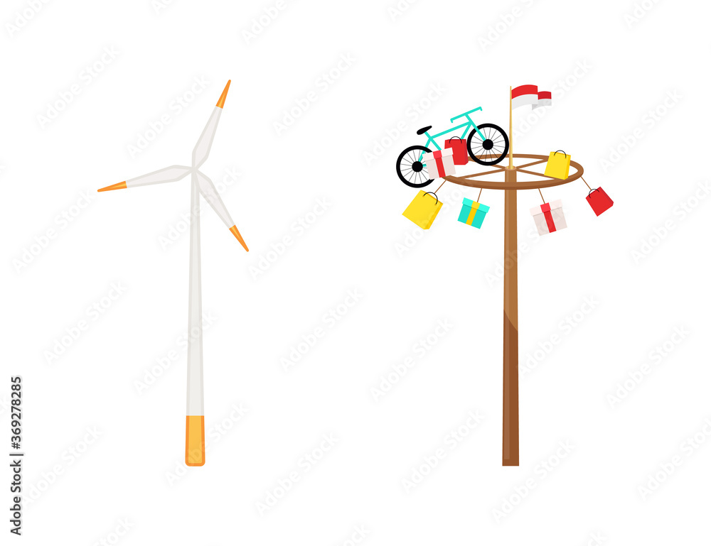 Poster wind turbine and greasy pole flat color vector objects set