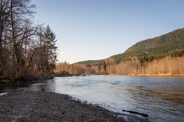 Looking downstream on the Kalum River at Deep Creek on a spring morning