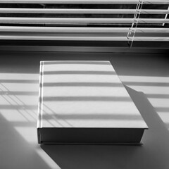 A white book with sharp shadows lies on a white window sill