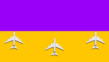 travel background for travel agency banner with airplane on a yellow-purple  background. Flat  lay with  Copy Space top  view.