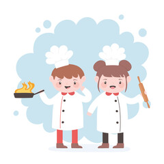 chefs boy and girl cartoon character with fried pan and roller pin