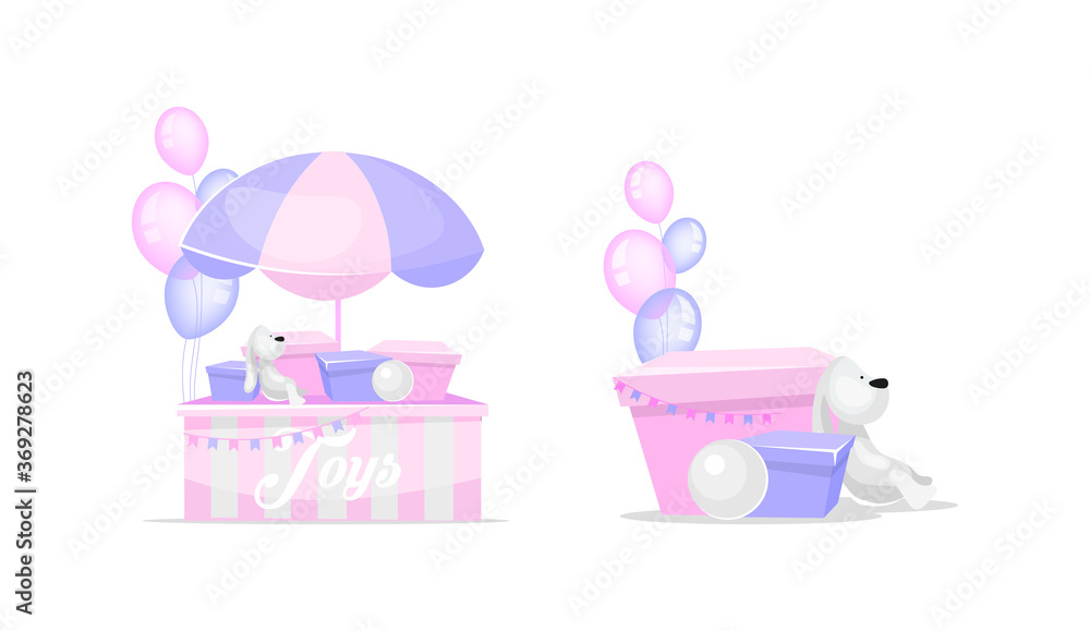 Poster toys flat color vector objects set