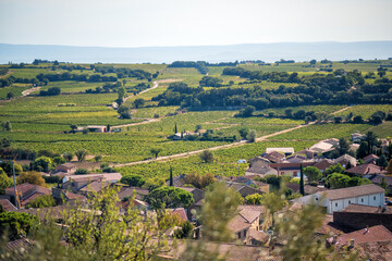 Landscape with vineyards and rural houses. View from castle of Chateauneuf du Pape on the valley. Provence, France. Travel tourism destination. Wine agriculture
