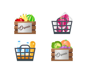 Food baskets flat color vector objects set