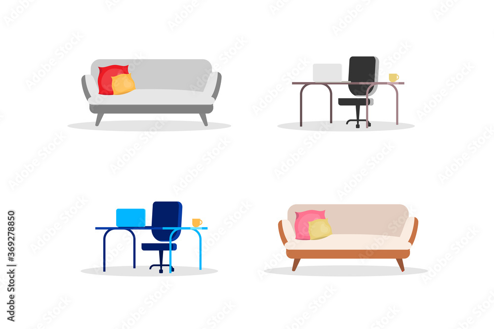 Poster Sofa and computer table flat color vector objects set