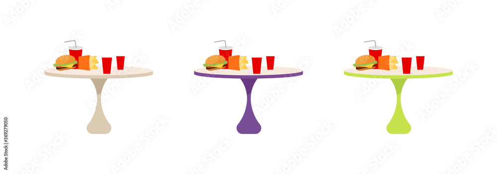 Poster fast food tables flat color vector objects set