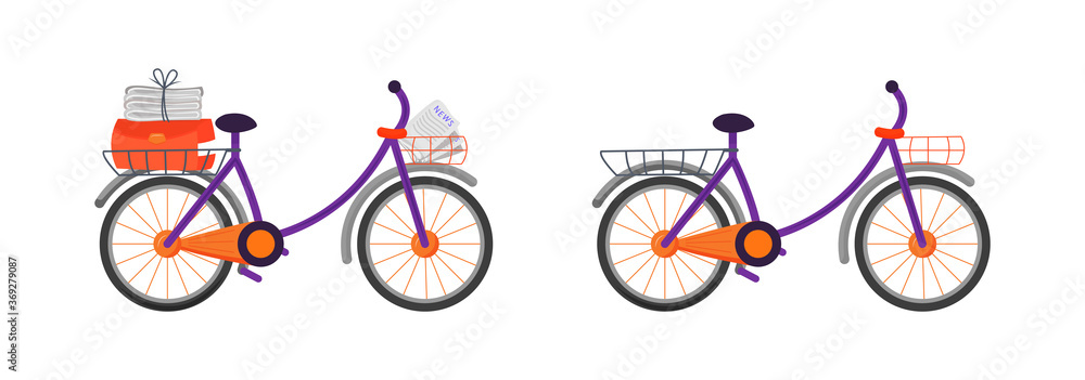 Poster courier bicycle flat color vector object set