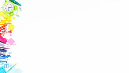 banner back to school, multicolored school supplies, rainbow on white background, flatley, copyspace