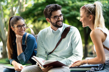 College students studying on university campus outdoor