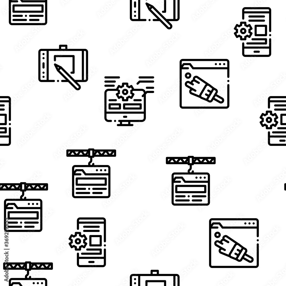 Poster front end development seamless pattern vector thin line. illustrations