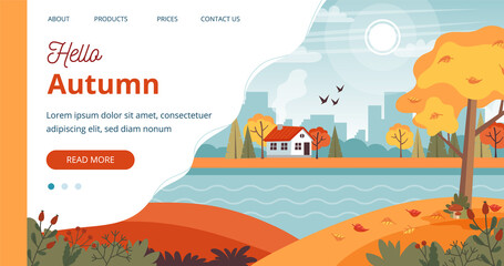 Hello Autumn template, landscape with cute house and lettering. Vector illustration in flat style