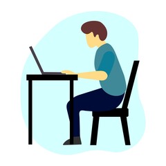 Vector illustration of a person working on a laptop. Play with a laptop.