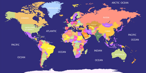 Colorful world map with all countries names. High Detail World map.

