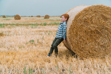 The red-haired boy leaned on a straw bale in the middle of a wheat field with bales on a summer...
