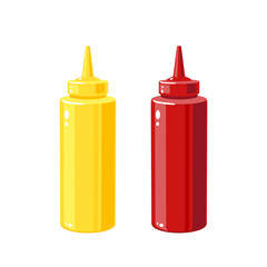 Mustard, ketchup sauces in squeeze bottles for fast food, vector illustration cartoon icons isolated on white background.