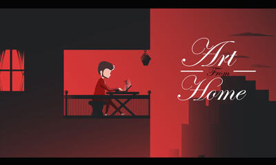 Gradient Flat Design 
A man works her company project on the balcony
This Art is meant of Stay safe Stay Home